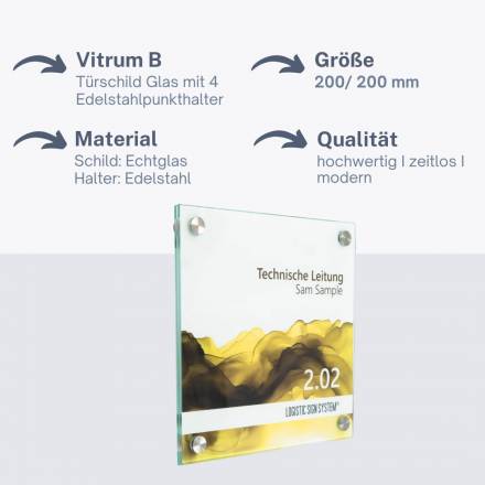 Tuerschild VITRUM B , Glasschild für Buero 200 200 mm